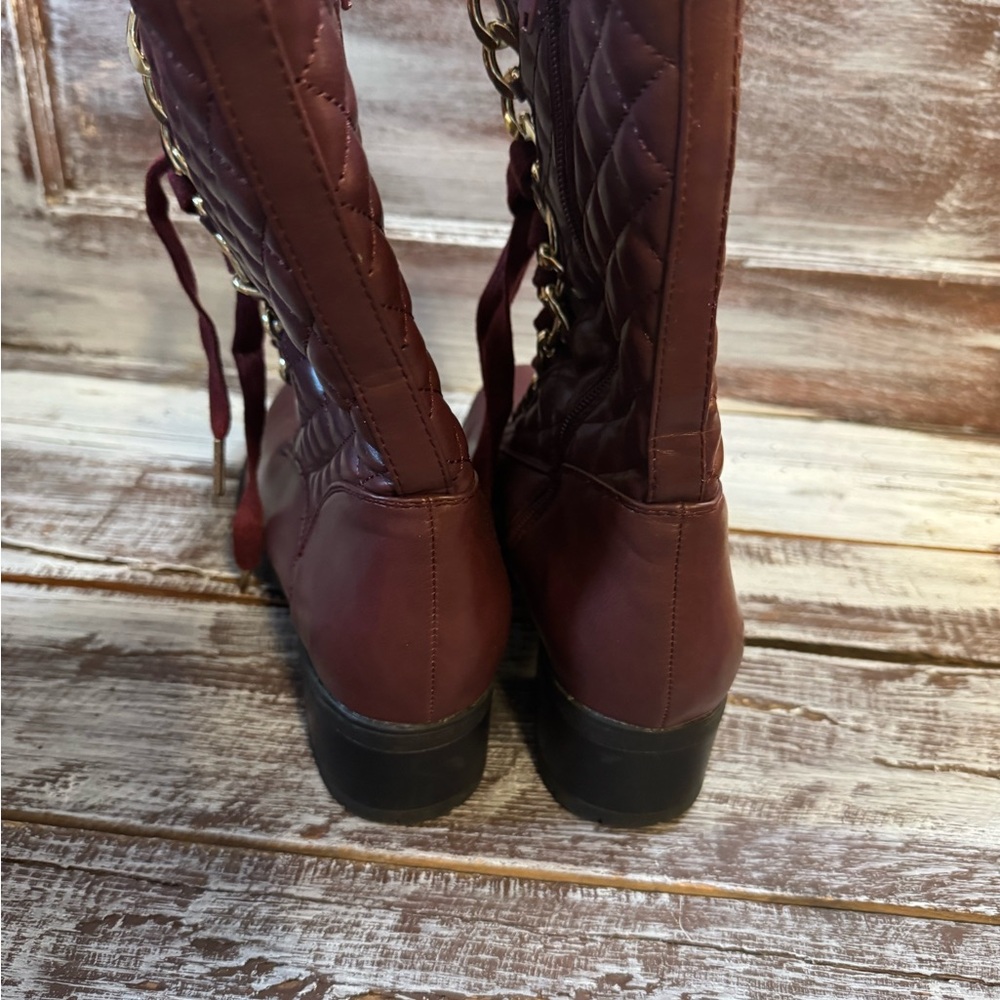 Quilted Burgundy Combat Boots with Gold Chain - Picture 3 of 6